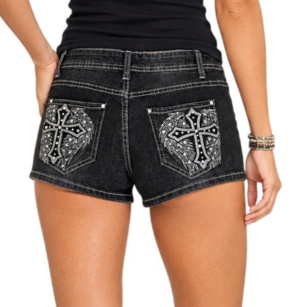 ROMWE Black Grey Angel Wing Cross Rhinestone Denim Booty Shorts Women's Small